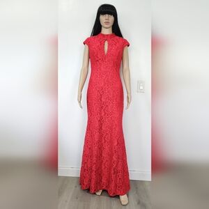 BETSY & ADAM Red Lace Mermaid Qipao Gown Maxi Dress w/ Train Cap Sleeve SIZE 10